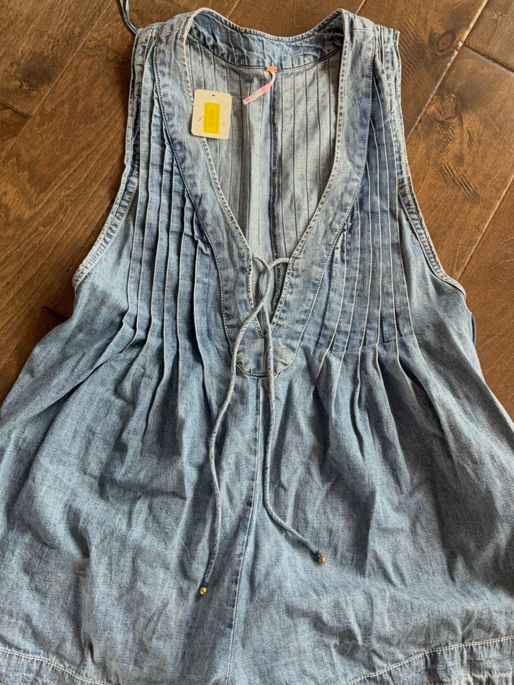 Free People Light Blue Pleated V-Neck Tank romper